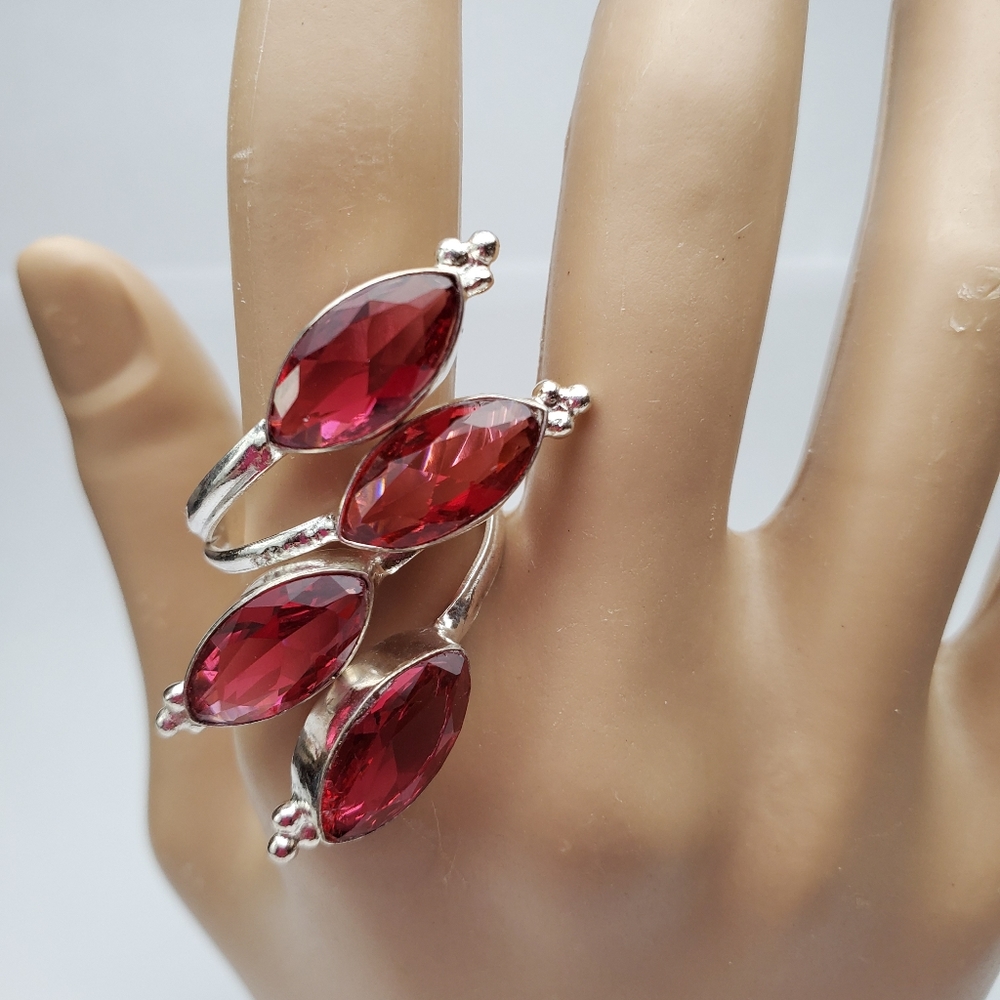 Silver elongated red wrap Round Boho ring size 9 adjustable *